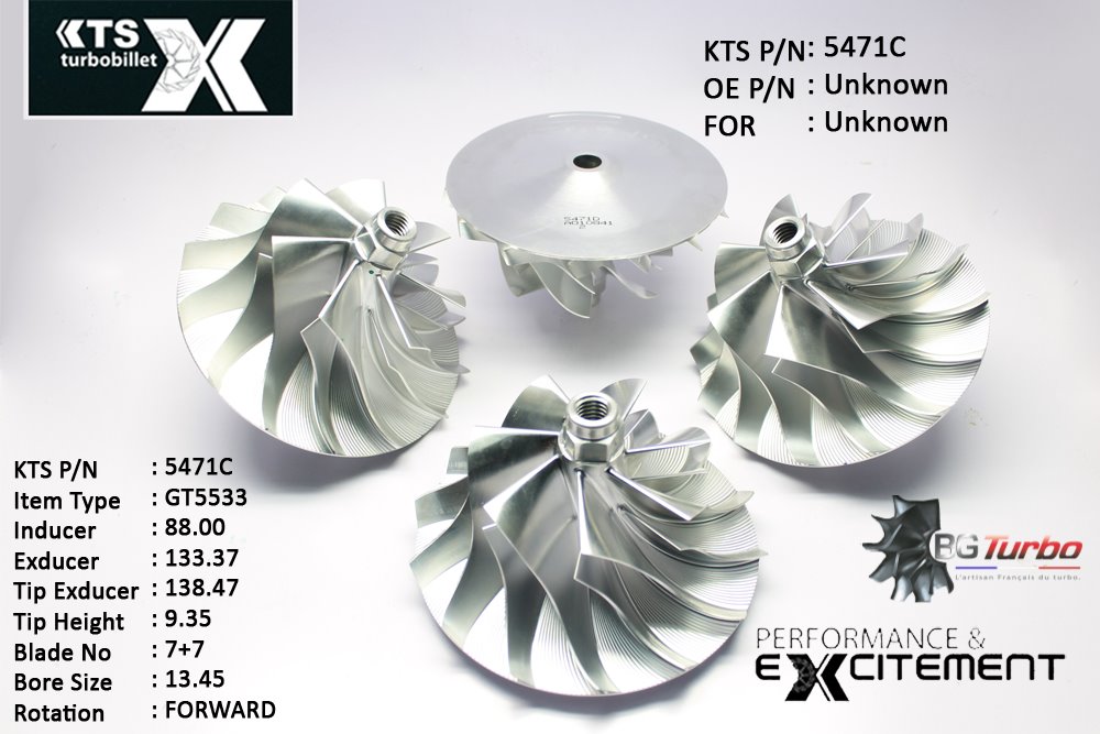 Turbo ROUE FORGÉE MFS PERFORMANCE - 7+7 PALES - INDUCER : 88 - EXDUCER : 133,37 - TYPE : GT5533ANGLE : 60° - ROTATION : Forward - SUPER BACK : 7,66 - BORE SIZE : 13,45
